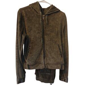 BCBG Maxazria Sz L Brown-Green Velour Satin Tracksuit Pants Hoodie Y2K VTG  #O25